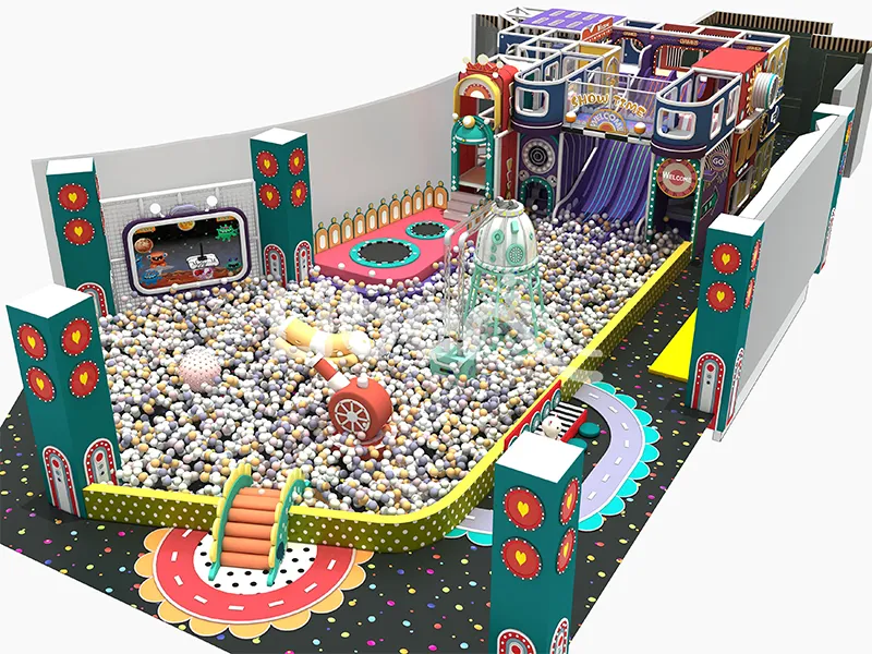 Large ocean ball pool amusement complex with retro carnival theme