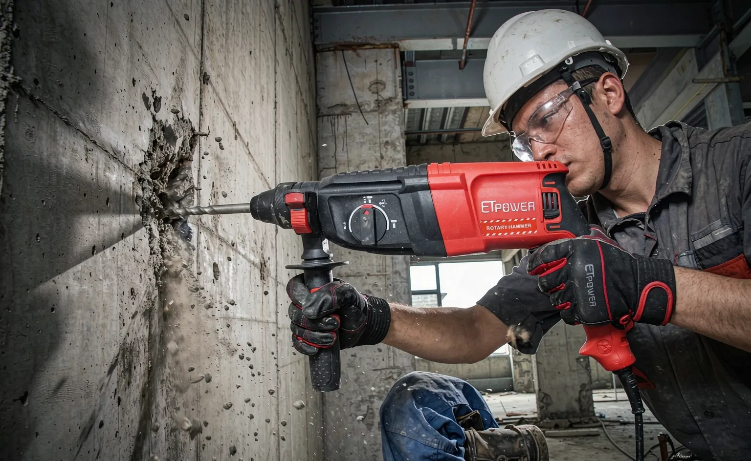 A finished ETpower 26mm SDS-Plus rotary hammer in Pantone-matched brand-orange housing, packed in a private-label cardboard box on the ETpower Taizhou factory QC line