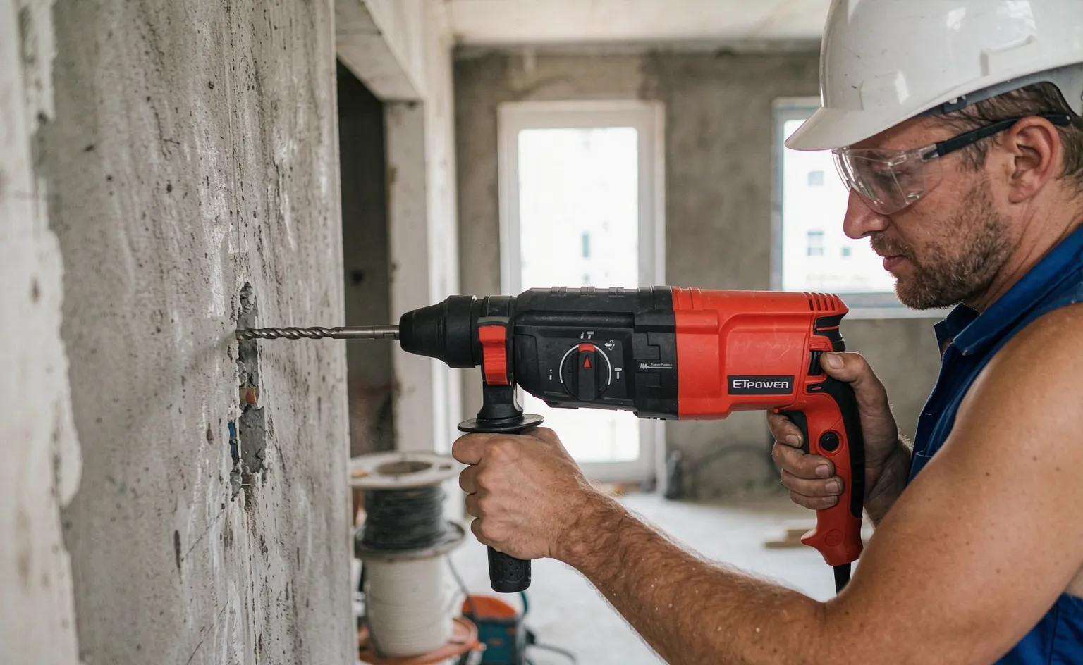 Contractor using an ETpower 26mm SDS-Plus rotary hammer to drill a 16mm anchor hole into cured concrete on a residential renovation site