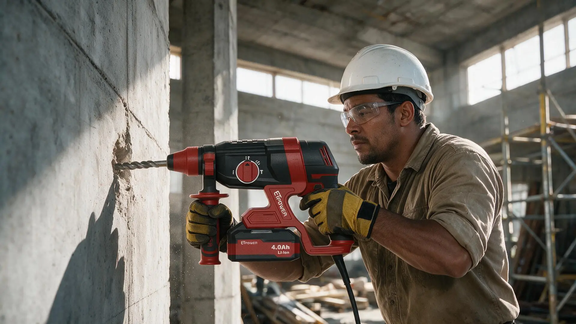Tradesman in safety goggles, FFP3 respirator, ear defenders and anti-vibration gloves drilling a concrete wall with an SDS-Plus rotary hammer fitted with a dust-extraction shroud connected to an M-class vacuum