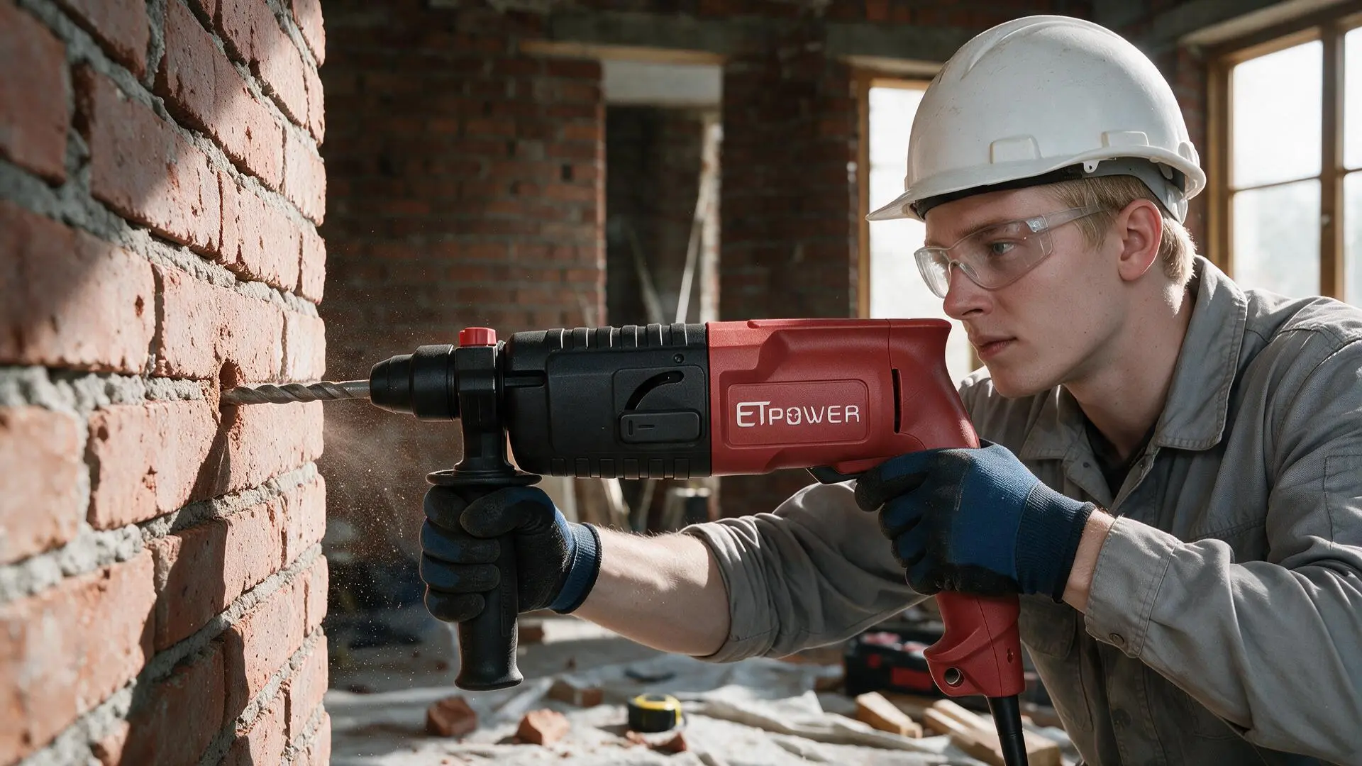 Close-up of a construction worker using a corded SDS-Plus rotary hammer to drill a straight anchor hole into a poured concrete wall, with the bit tip entering at a pencil crosshair and concrete dust at the hole mouth