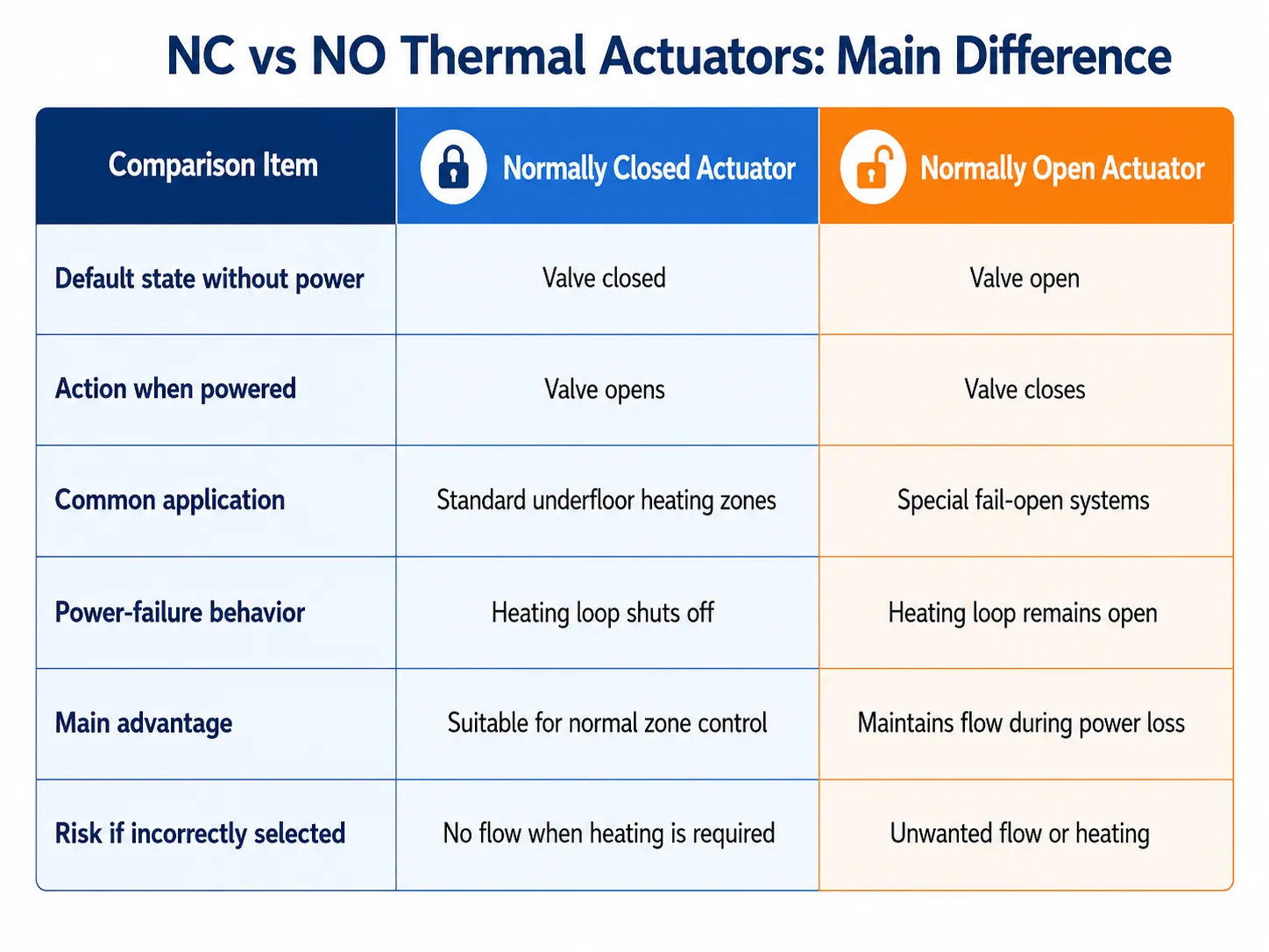 NC vs NO electro-thermal actuator comparison table