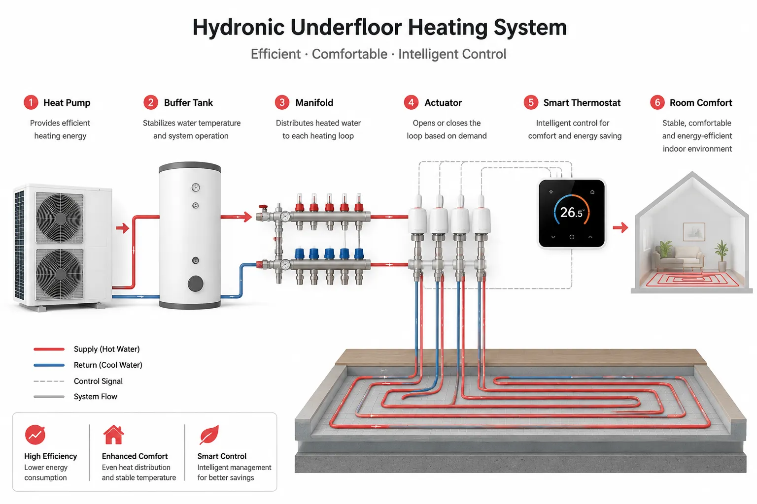 Hydronic underfloor heating system with heat pump manifold actuator and thermostat