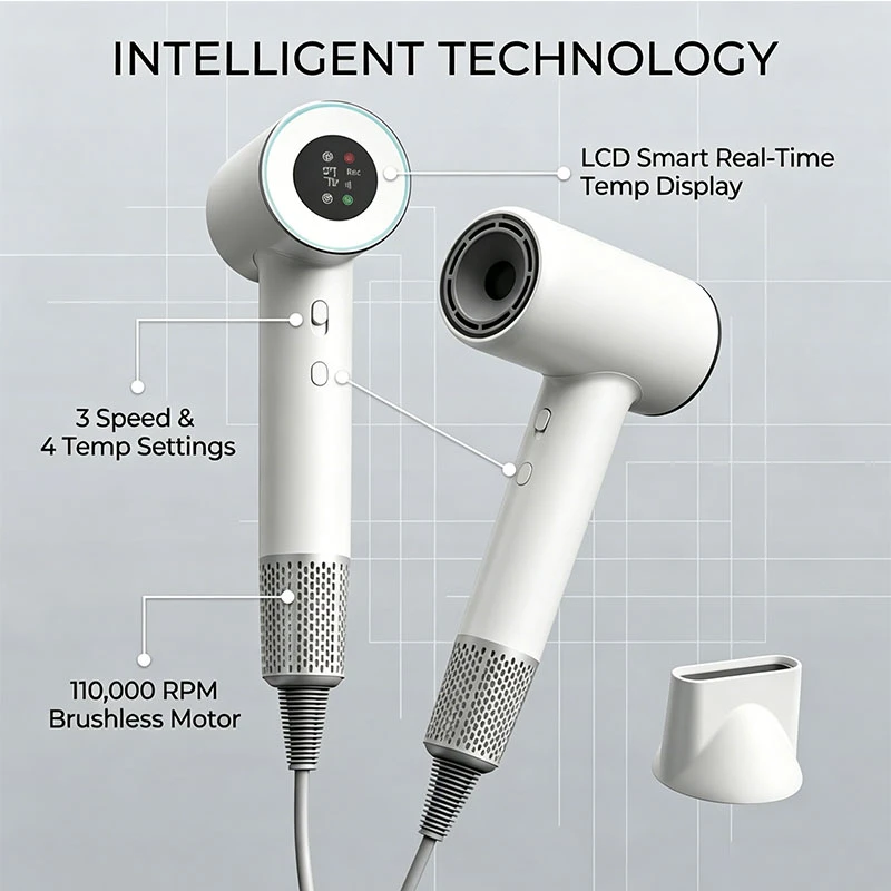 Factory Direct Sale 10000RPM BLDC Brushless Motor Hair Dryer, Smart Digital Temperature Display Constant Temperature Hair Dryer, Negative Ionic Fast Drying Low Noise Salon Hair Dryer