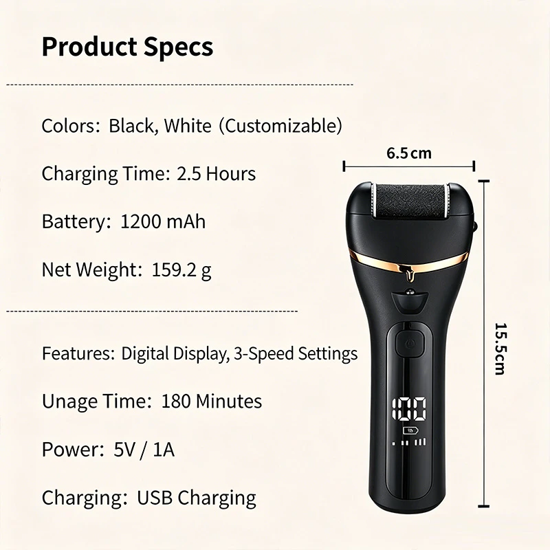 Electric Callus Remover, USB Type-C Rechargeable IPX7 Waterproof Digital Display Pedicure Dead Skin Exfoliator Foot Grinder, Factory Direct No Middleman Markup OEM Wholesale