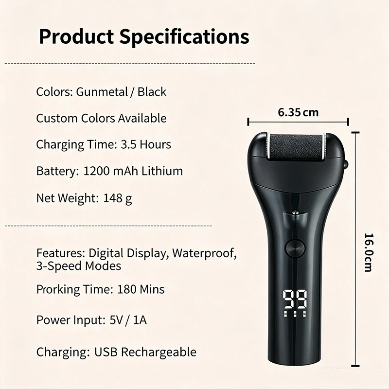 Electric Callus Remover, USB Type-C Rechargeable IPX7 Waterproof Digital Display Pedicure Dead Skin Exfoliator Foot Grinder, Factory Direct No Middleman Markup OEM Wholesale