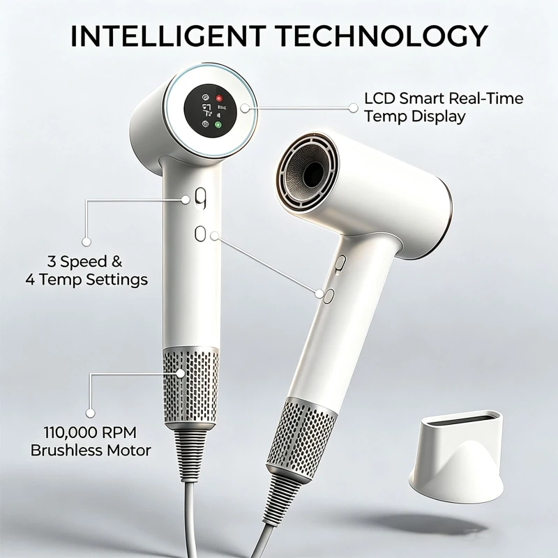 Factory Direct Sale 10000RPM BLDC Brushless Motor Hair Dryer, Smart Digital Temperature Display Constant Temperature Hair Dryer, Negative Ionic Fast Drying Low Noise Salon Hair Dryer