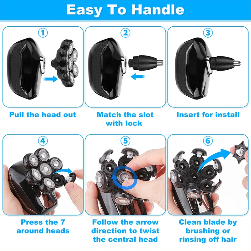 Factory wholesale 7 floating head rotary skull shaver for bald men with LED display, IPX7 waterproof wet dry cordless USB rechargeable scalp shaver.