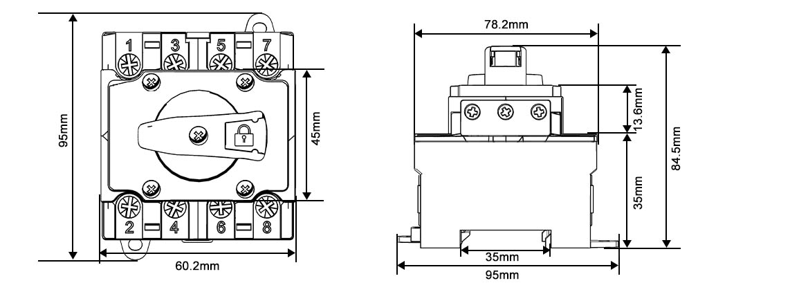 Dimensions of the 4P Solar Disconnect Switch