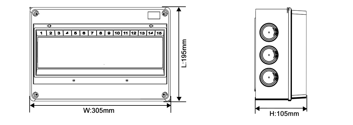 Dimensions of the 15-way junction box