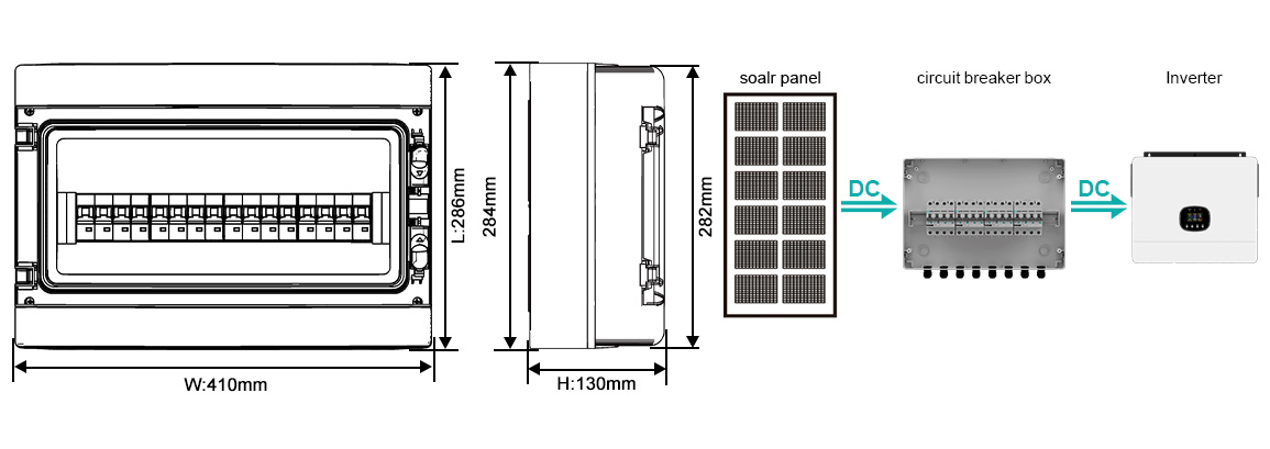 Dimensions and Wiring of the 1200V 4-Input, 4-Output Circuit Breaker Box